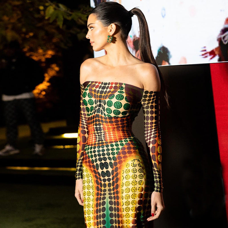 Spring Women Clothing Featured Faux off Neck Stitching Long Sleeve Slim Expansion Dress Bella Mia