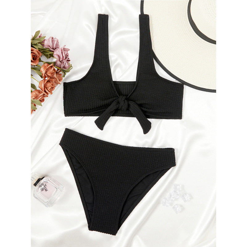 Swimsuit Women Split Sunken Stripe Solid Color Hollow Out Cutout Bikini Sexy Swimsuit
