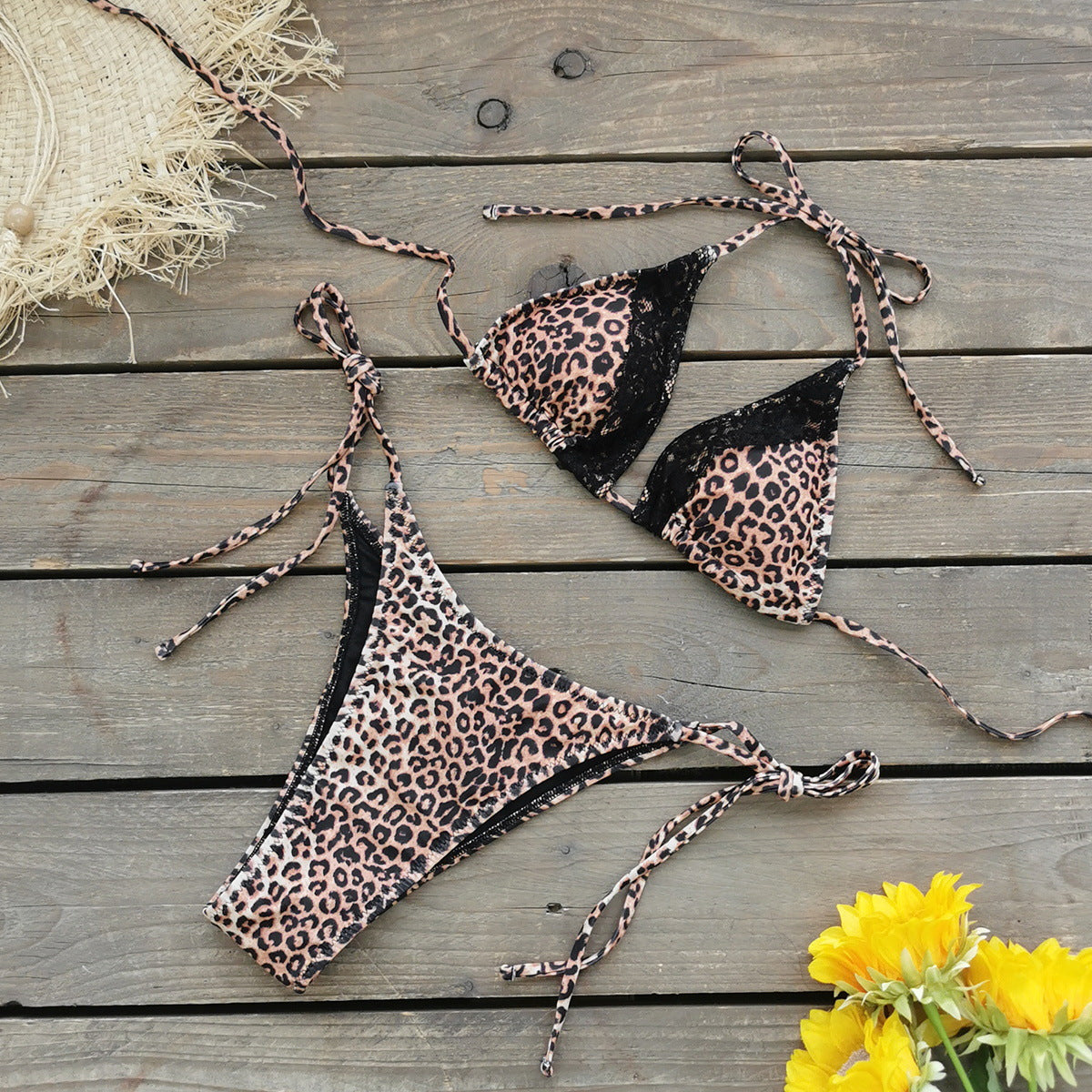 Three Point Leopard Print Lace Lace up Sexy Halter Bikini Skirt Three Piece Set Bella Mia