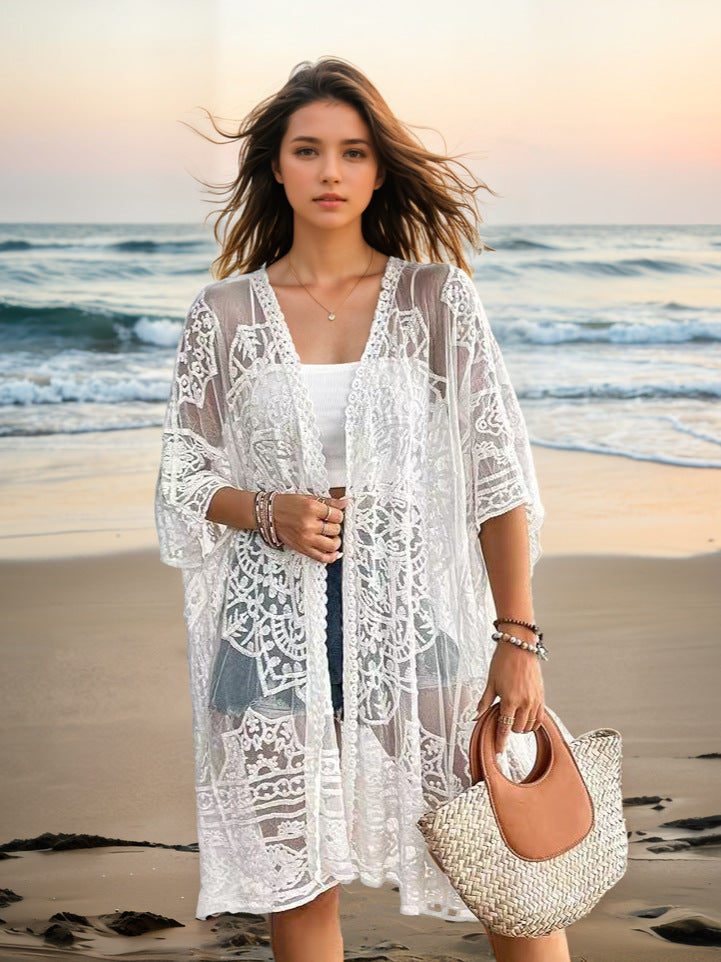 Women's Clothing Sexy See through Water Soluble Lace Embroidered Cardigan Beach Bikini Sun Protective Blouse Bella Mia