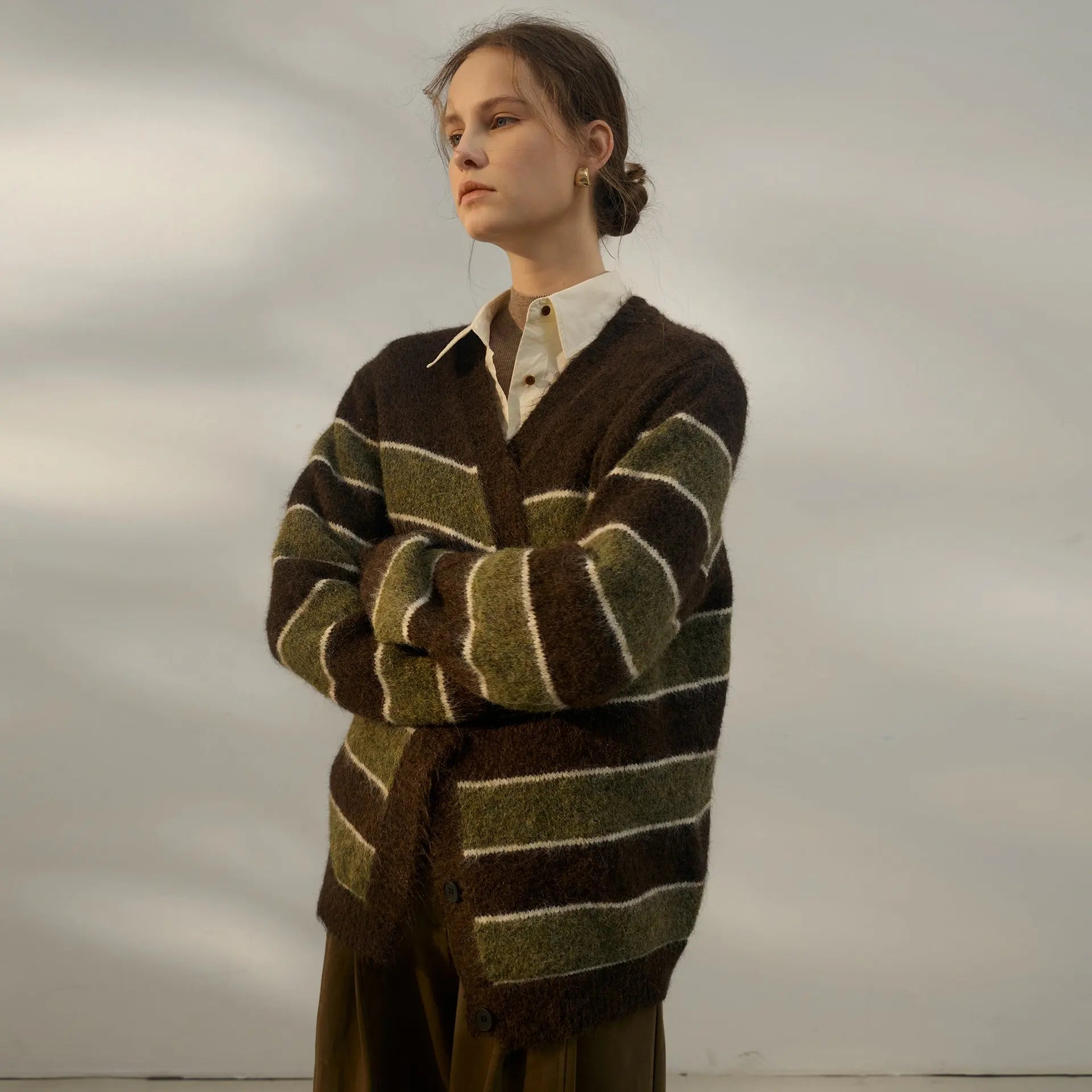 Autumn Winter Lazy Sweater Women Retro Gentle Casual Three Dimensional Striped Contrast Color V neck Long Sleeve Knitted Cardigan Bella Mia