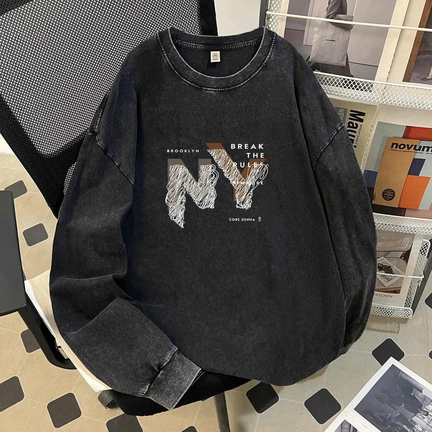 Autumn Winter Retro Washed Heavy Cotton Niche round Neck Brand Hip Hop Long Sleeve T shirt Women Bella Mia