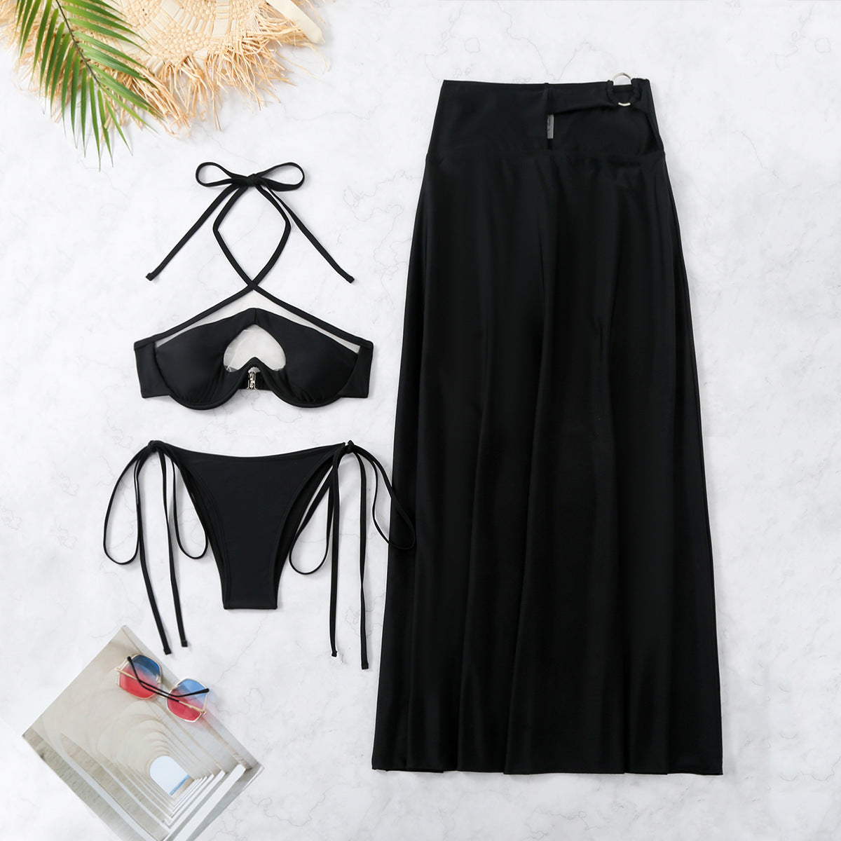 Pure Black Bikini Three Piece Set Split Swimsuit Long Skirt Bikini Bella Mia