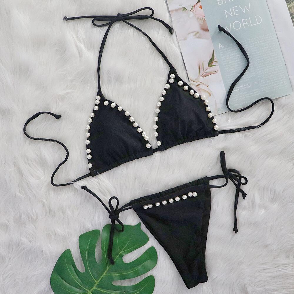 Sexy Bikini Solid Color Lace Up Pearl Swimsuit Split Swimsuit Bella Mia
