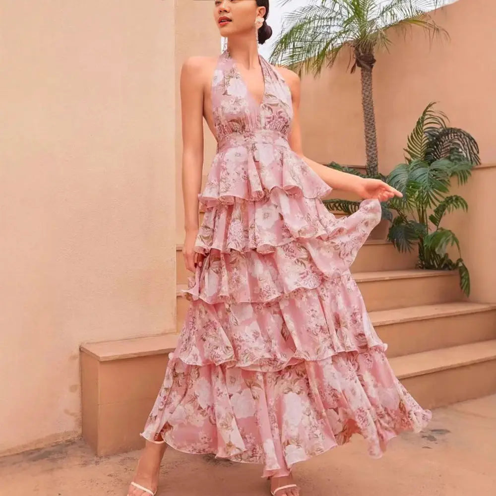 Elegant Halter Maxi Dress Floral Print Backless Sleeveless Ruched Ruffled Bella Mia