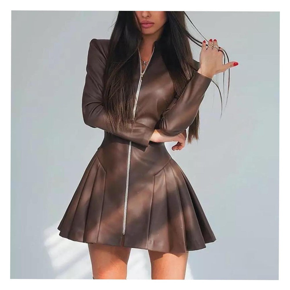 Women Fashionable Fitted Long Sleeve Pleated Faux Leather Zipper Dress Bella Mia