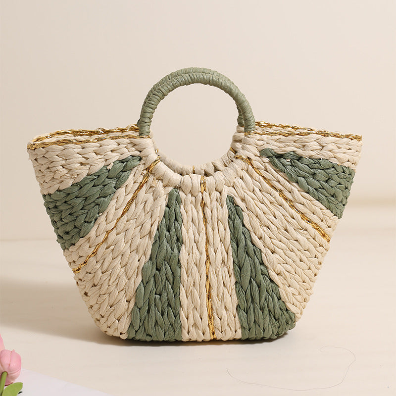 Golden Silk Thread Portable Straw Weaved Bag Large Capacity Tote Vegetable Basket Bag Vacation Beach Bag Hand Carrying Woven Bag Bella Mia