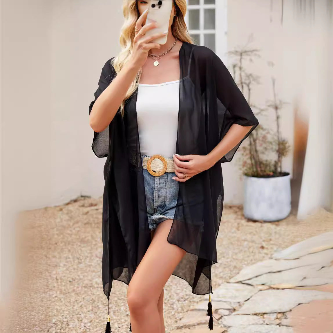 Seaside Blouse See Through Sexy Tassel Thin Cape Solid Color Travel Sun Protection Cardigan Bella Mia