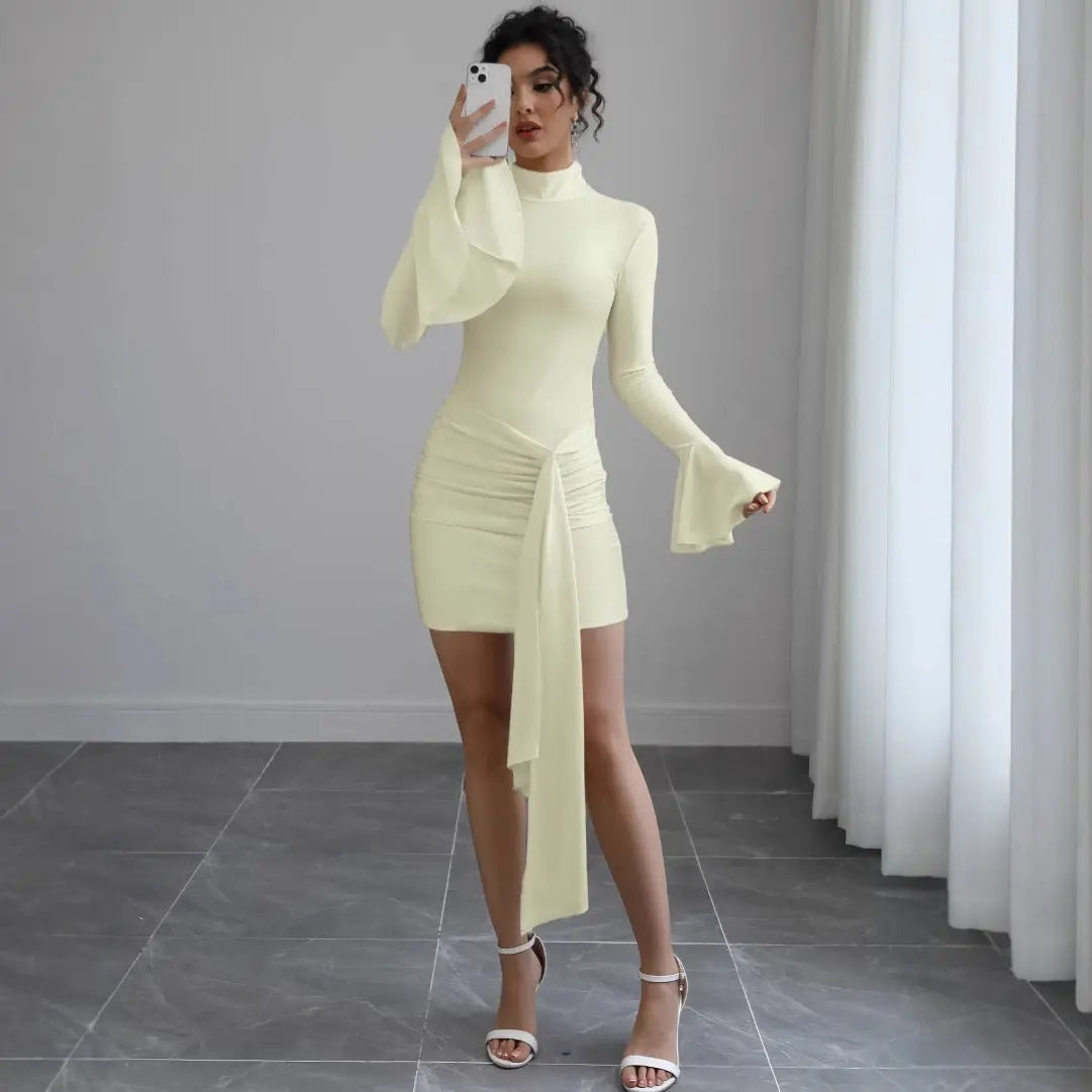 Women Clothing Solid Color Hip Dress Half Turtleneck Bell Sleeve Sexy Tight Dress Bella Mia