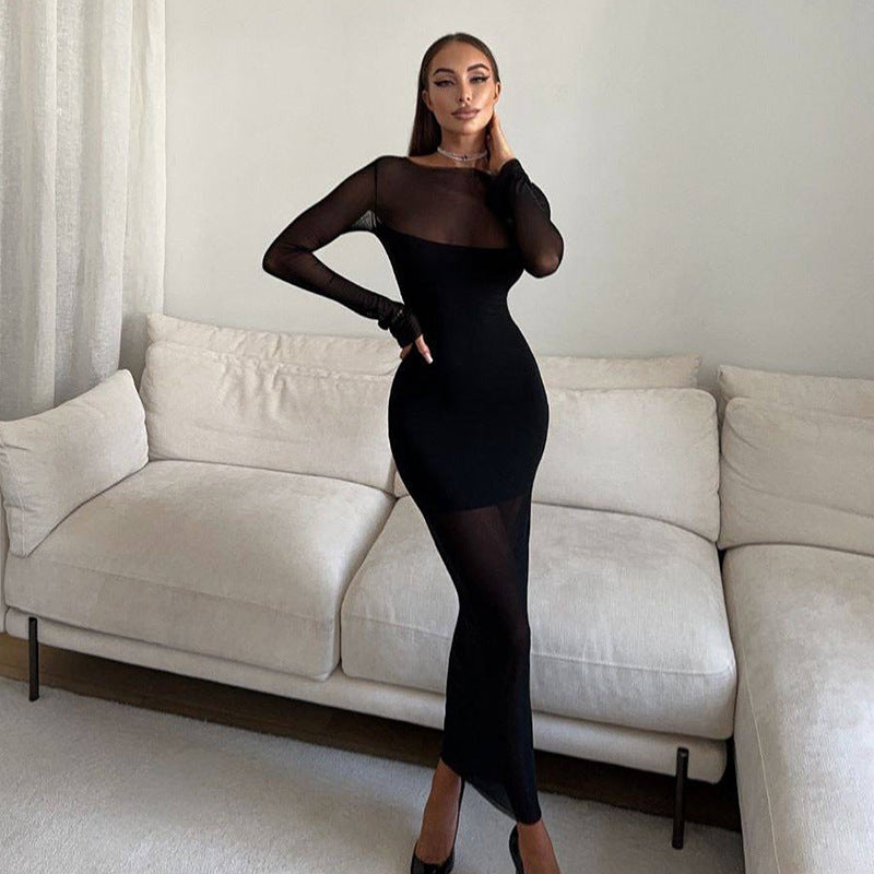 Women round Neck Long Sleeve Slim Fit Figure Flattering Dress Sexy Mesh Stitching Red Carpet Dress Bella Mia