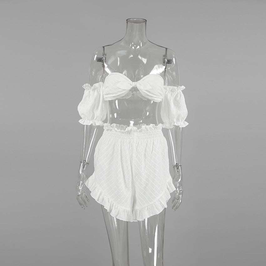 Sexy Summer Pajamas Plaid Retro off Shoulder Ruffled Shorts Two Piece Thin Ladies Homewear Bella Mia