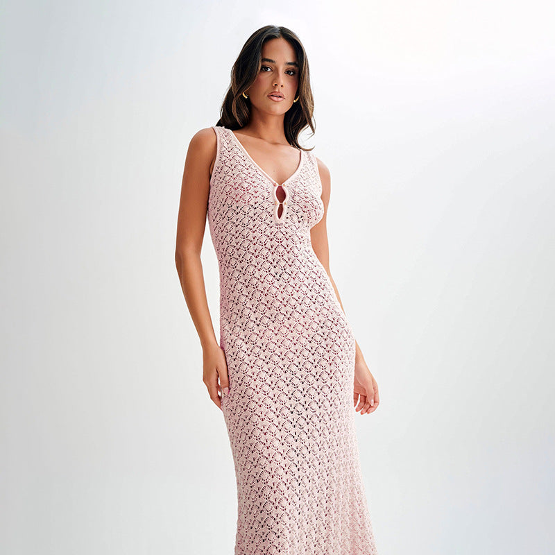 Summer Dress Sexy Sleeveless Hollow Out Cutout Knitted Beach Dress Backless High Grade Women Bella Mia