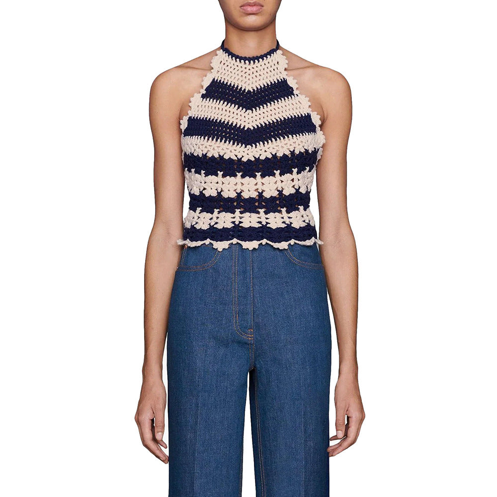 Cotton Thread Hand Crocheting Openwork Knitted Top Bohemian Halter Spaghetti Straps Knitted Beach Vest Bella Mia