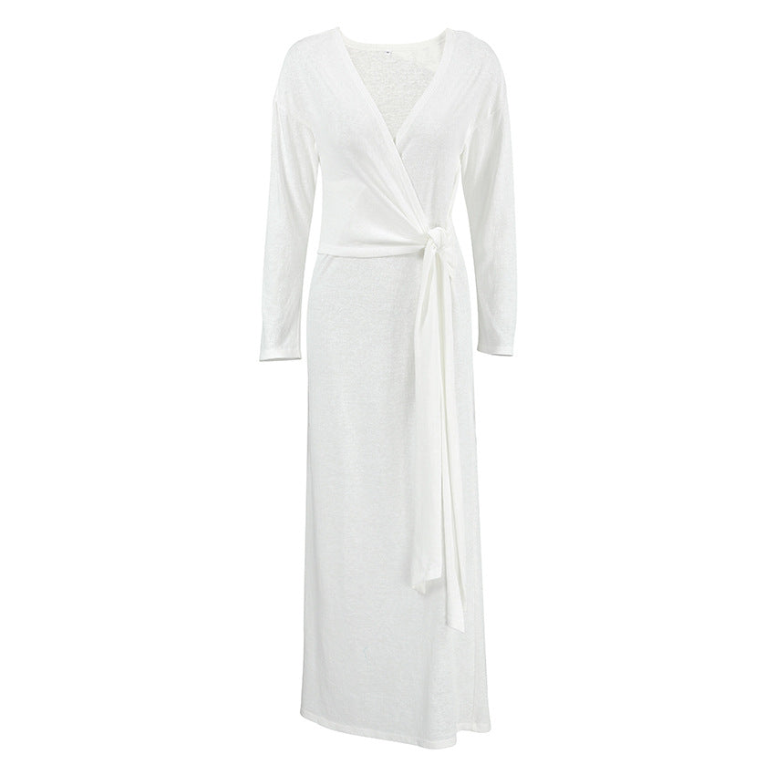 Autumn Comfort Loose Knitted Nightgown Breathable Long Sleeves Lace up Soft Outerwear Homewear Bella Mia