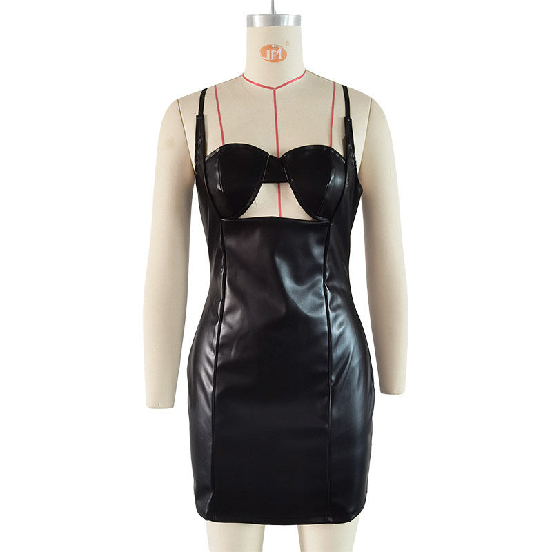 Sexy Hollow Out Cutout out Camisole Tight Waist Hip Wrapped Dress Women Faux Leather Bella Mia