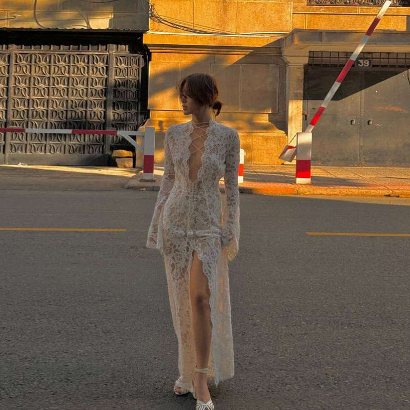 Autumn Winter Women Clothing Sexy Lace Cutout Deep V Plunge neck Lace up Slit Slim Fitting Long Sleeve Dress Bella Mia