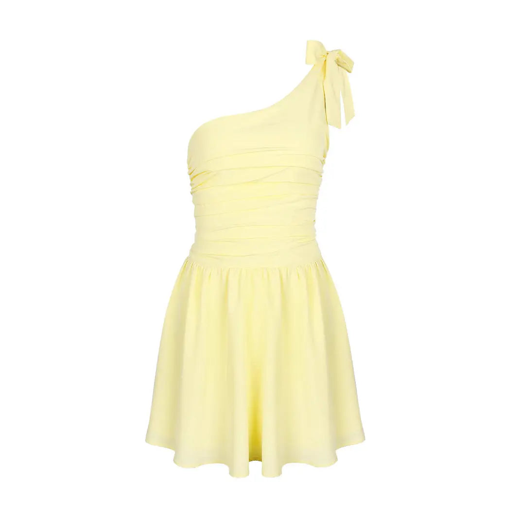 Women Wear Oblique Shoulder Bow Pleated Slim Summer Dress Women Yellow Sweet Spicy Dress Bella Mia