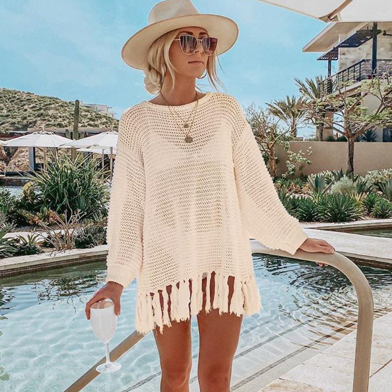 Hollow Out Cutout Knitted Tassel Beach Cover Up Seaside Vacation Bikini Cover Swimsuit Outwear Sun Protection Clothing Women Bella Mia