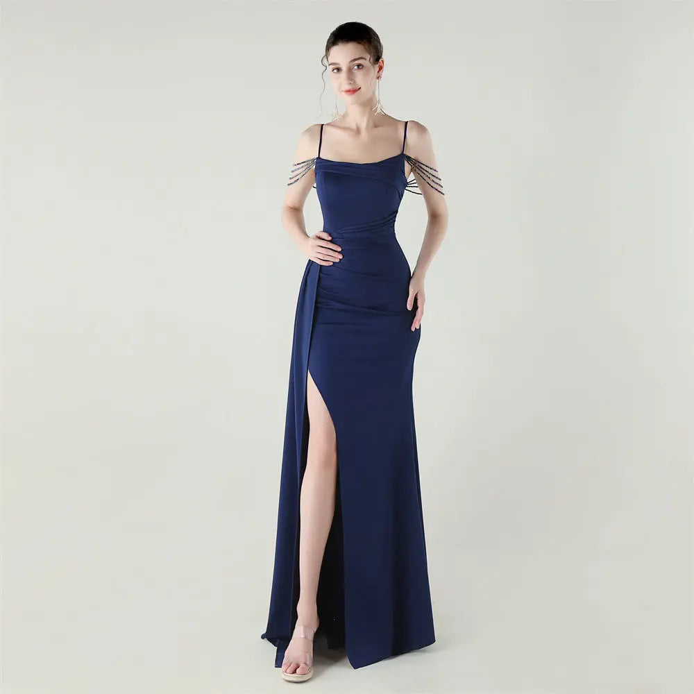 Bandeau Sling Satin Craft Beaded Chain Fishtail Evening Dress Dinner Wedding Ball Bella Mia