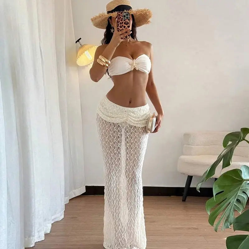 Summer Women Clothing Solid Color Sexy Lace up Tube Top Lace Maxi Skirt Two Piece Set for Women Bella Mia