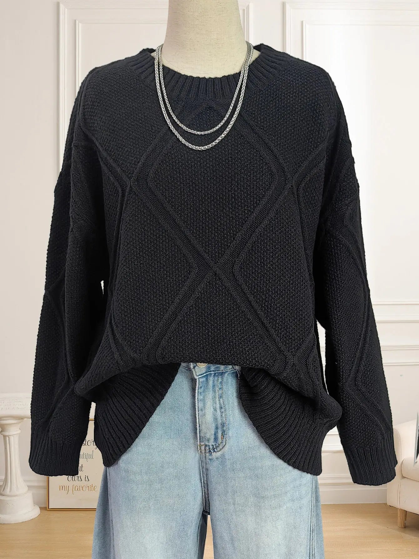 Top Platform Women Clothing Diamond Plaid Jacquard Loose Fitting Idle Casual Pullover Sweater Bella Mia