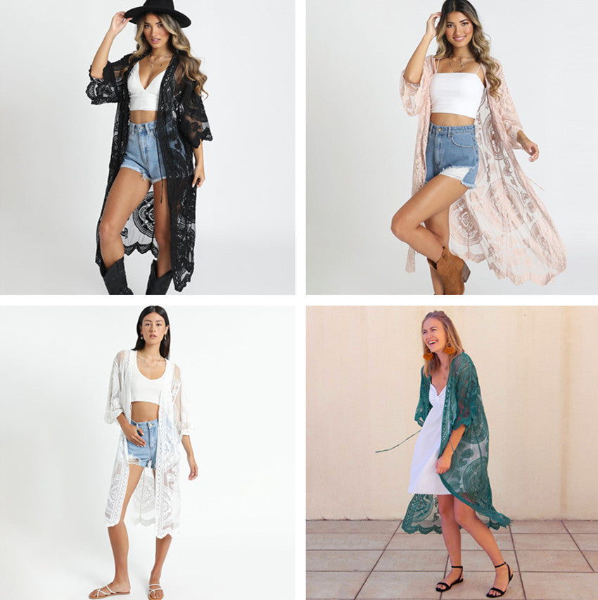 New Lace Embroidered Mid-Length Beach Cover-up Sexy Cardigan Vacation Sun Protection Shirt Swimsuit Blouse Bella Mia