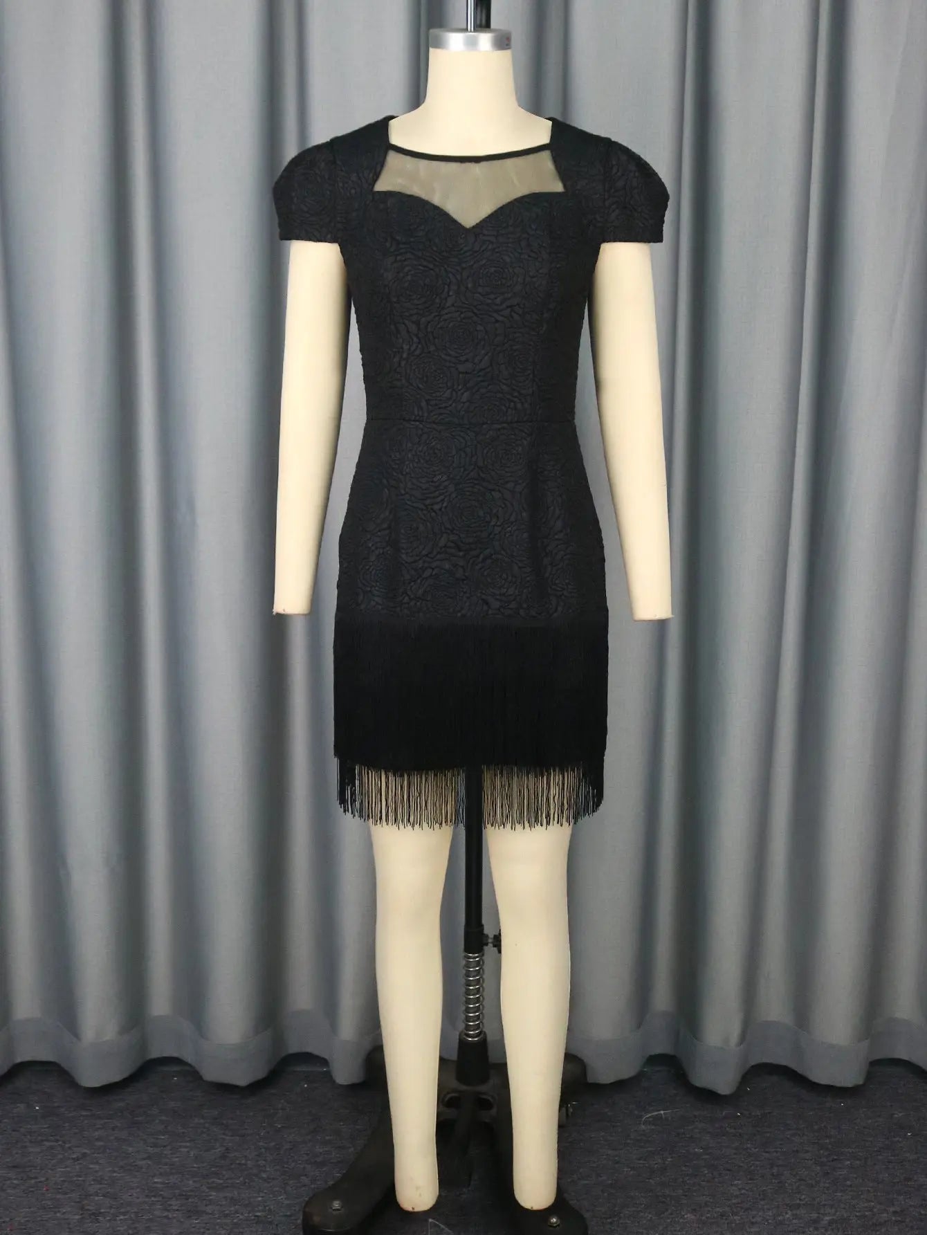 Hollow Out Mesh Black Crew Neck A Line Cocktail Evening Dress With Tassel Hem Bella Mia