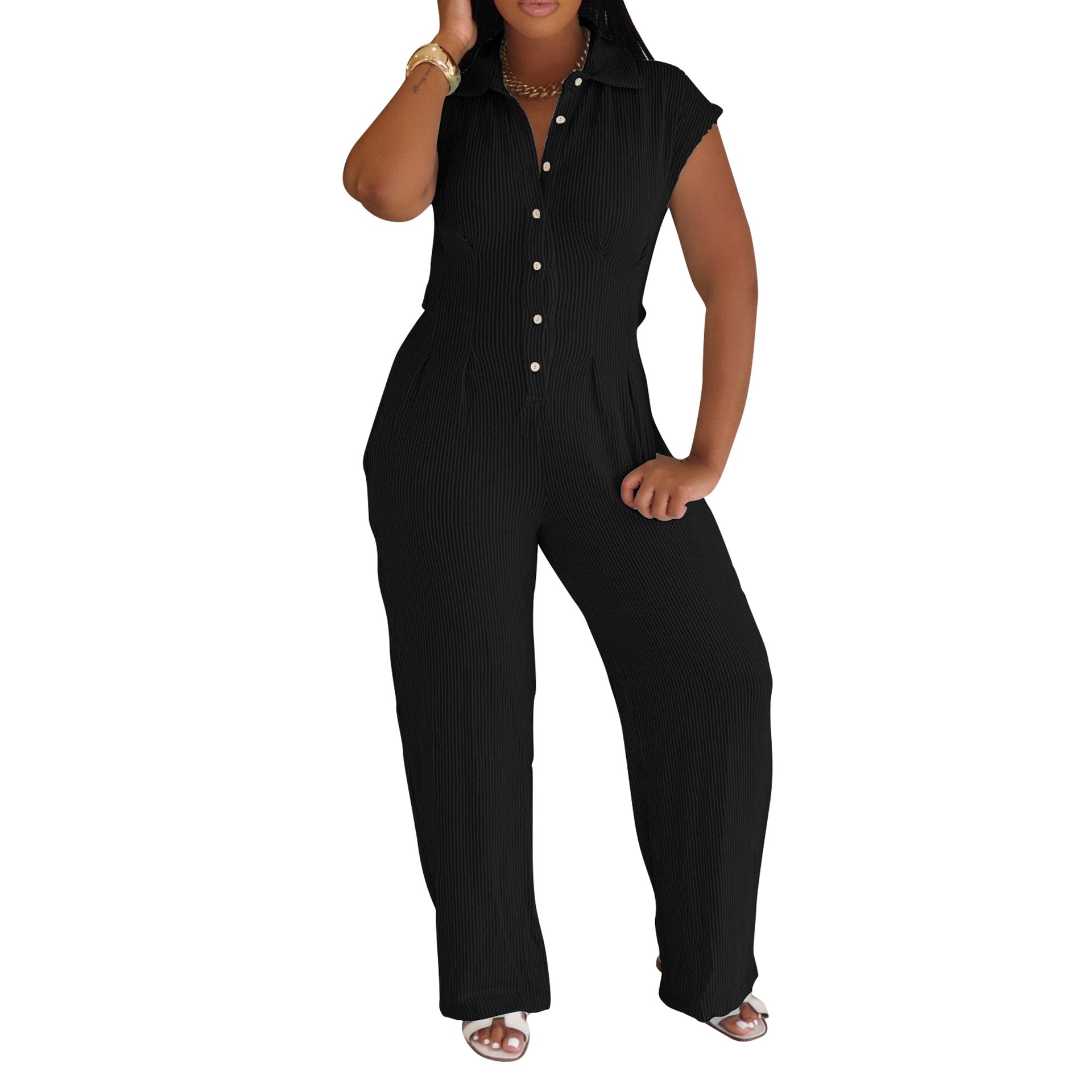 Women Clothing Jumpsuit Striped Collared Slim Shirt Collar Straight Leg Pants Sleeveless Summer Bella Mia