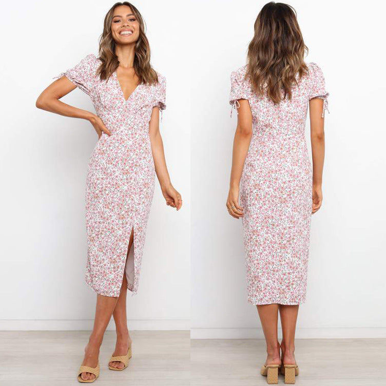Summer Popular Short Sleeve Printed V neck Sexy Slit Dress for Women Bella Mia