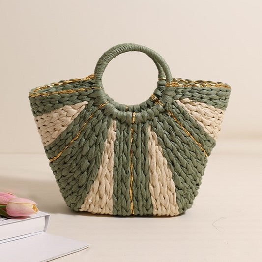 Golden Silk Thread Portable Straw Weaved Bag Large Capacity Tote Vegetable Basket Bag Vacation Beach Bag Hand Carrying Woven Bag Bella Mia