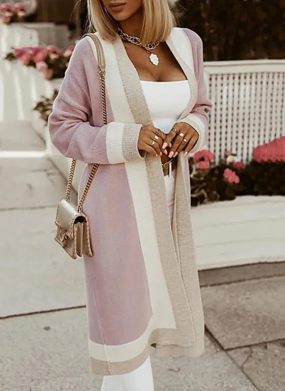 Autumn Winter Long Sweater Coat Women Color Matching Simple Elegant Loose Casual Long Cardigan Women Sweater Bella Mia
