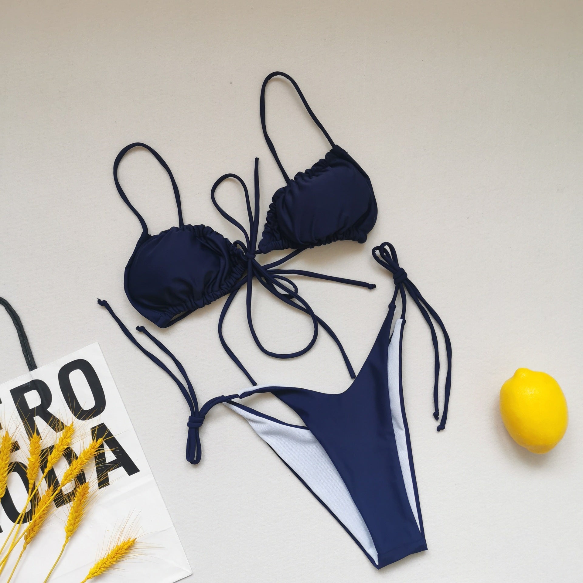 Sling Bandage Swimsuit Women Pleated Push up Drawstring Sexy Solid Color Bikini Swimsuit Bella Mia