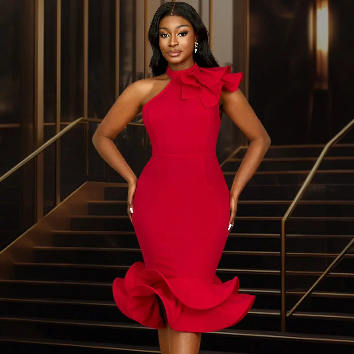 Elegant Half Turtleneck Ruffled Dress off Shoulder Ruffled Hem Cocktail Evening Dress Bella Mia