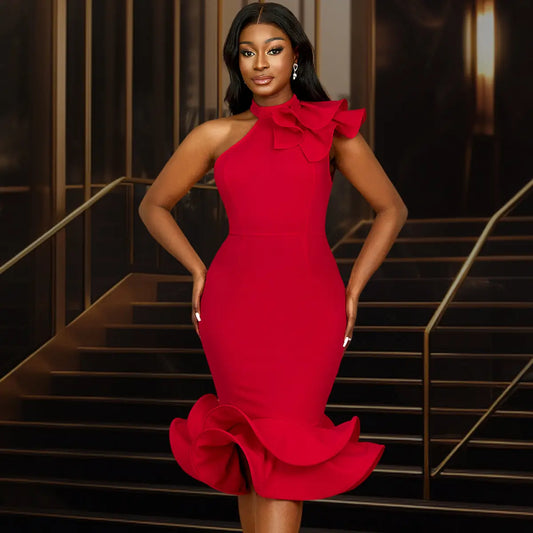 Elegant Half Turtleneck Ruffled Dress off Shoulder Ruffled Hem Cocktail Evening Dress Bella Mia