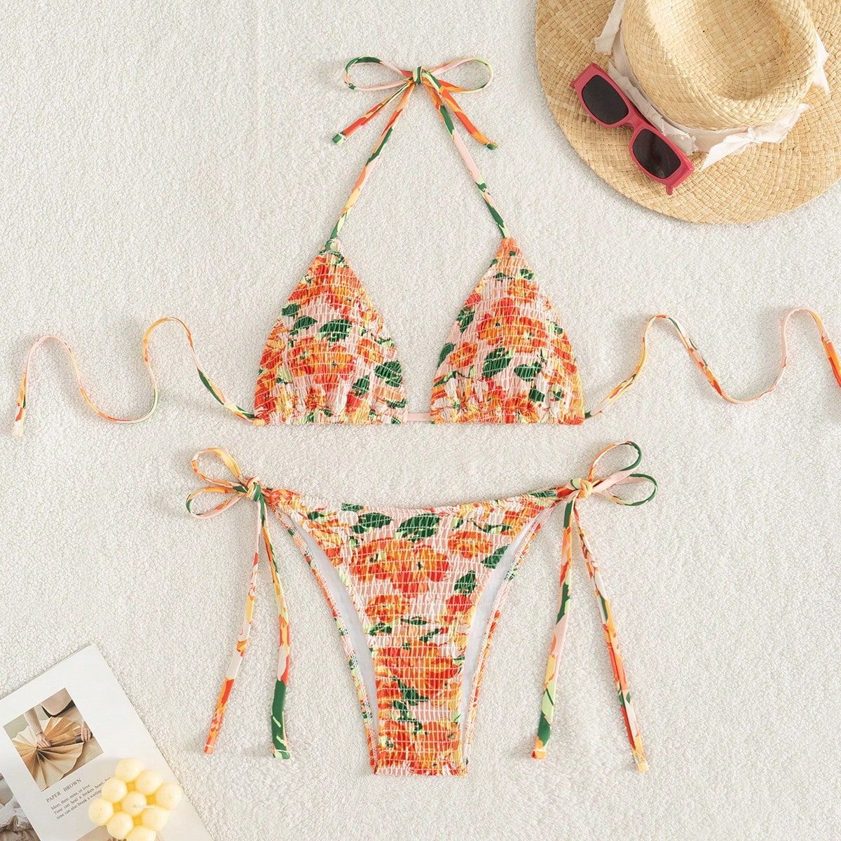 Smocking Sexy Lace up Bikini Split Swimsuit Women Fold Floral Halter Swimsuit Bikini Bella Mia