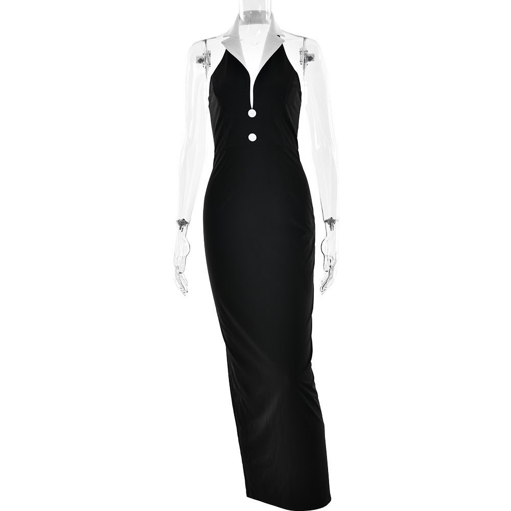 Spring Summer Elegant Collared Dress Sexy Backless Slit Slimming Dress Bella Mia