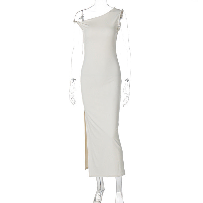 Women Clothing Summer Sexy Oblique Shoulder Slim Fit Slit Dress Women Bella Mia