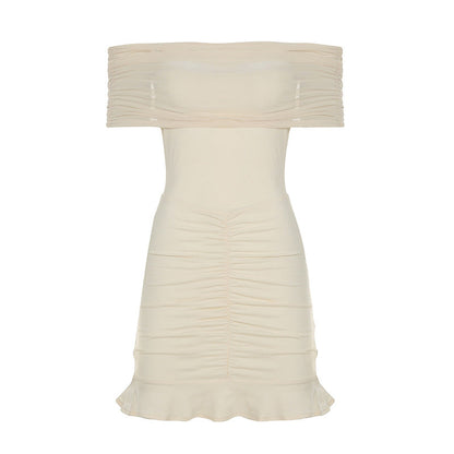 Women Clothing Ruffle Hip Ruffled Mesh Outerwear Strapless Dress Slim Dress