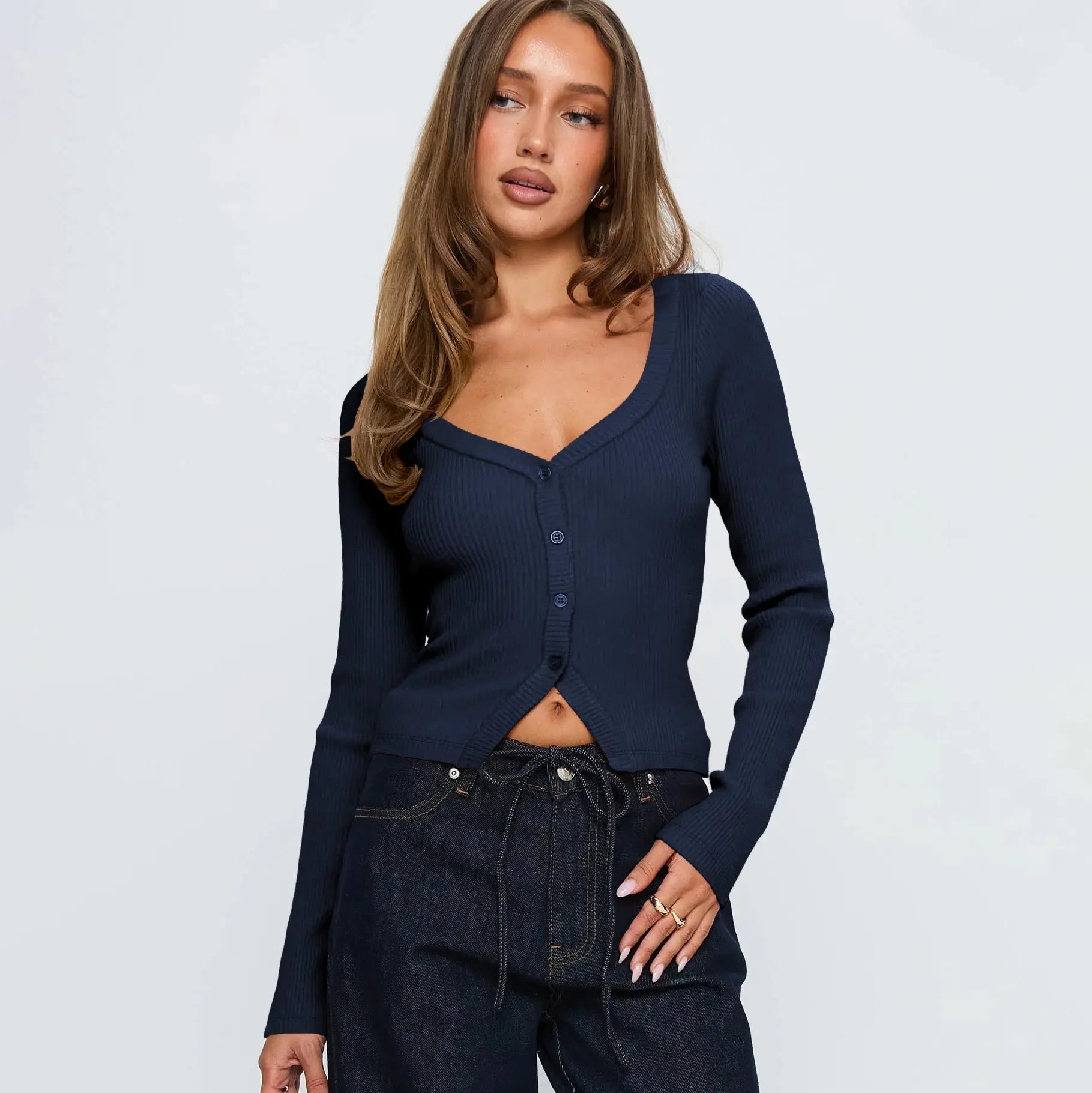 Women Fall Winter V Neck Long Sleeve Ribbed Button Cardigan Slim Fit Bella Mia