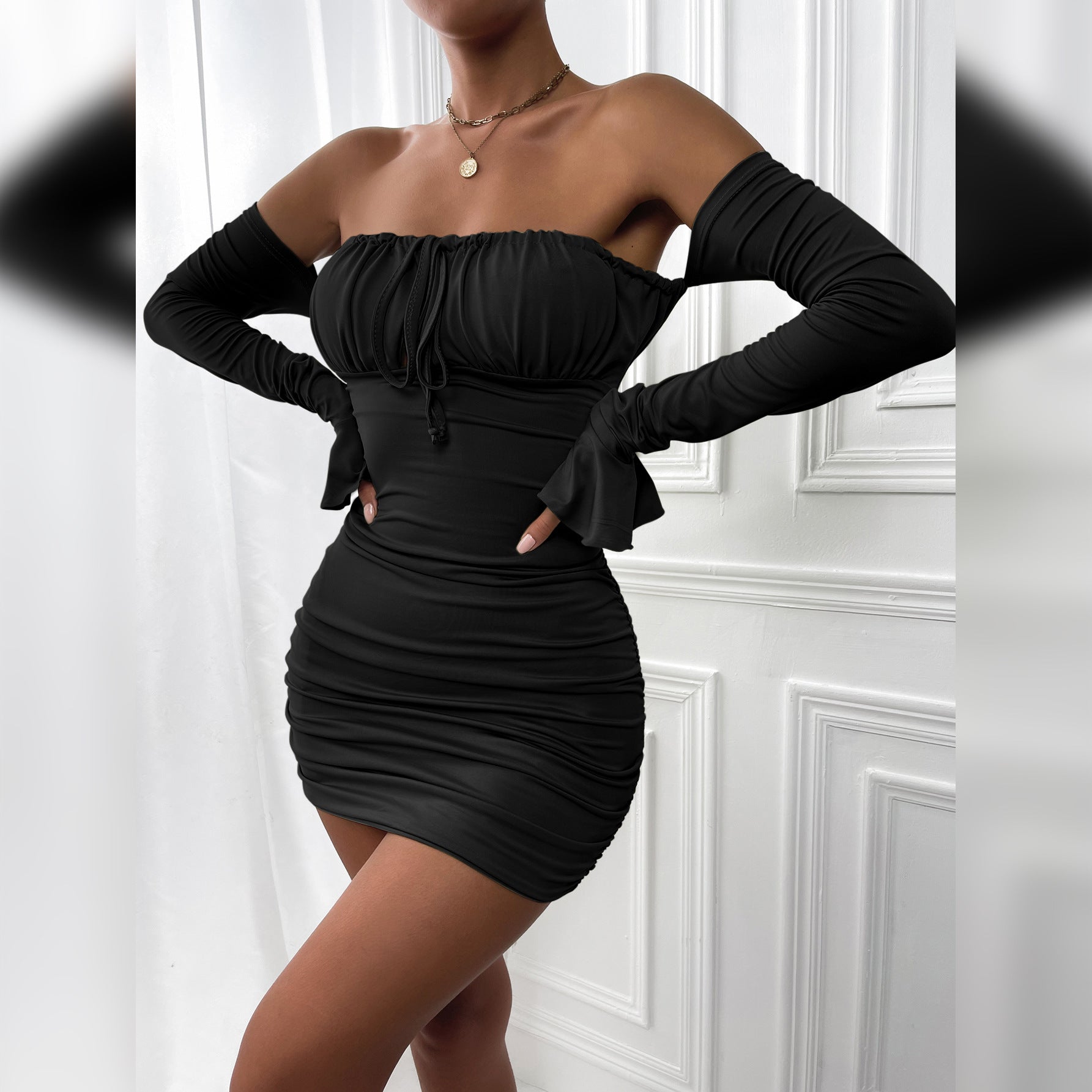 Women Clothing Spring Autumn Sexy Chest Wrapped Dress Chest Lace up Pleated Bell Sleeve Hip Bella Mia