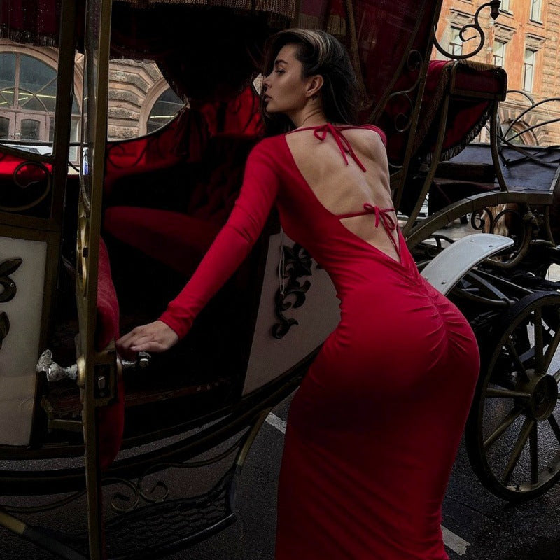 Sexy Women Clothing Hollow Out Cutout Backless Stitching Tied Halter Slim Fit Long Sheath Street Dress Women Bella Mia