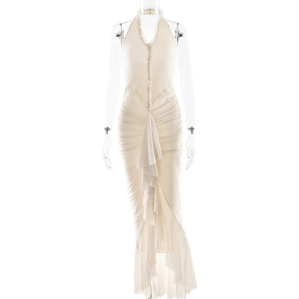 Arrival Sexy Halter Dress Summer Deep V Plunge Ruffled Slit Pleated Dress Bella Mia