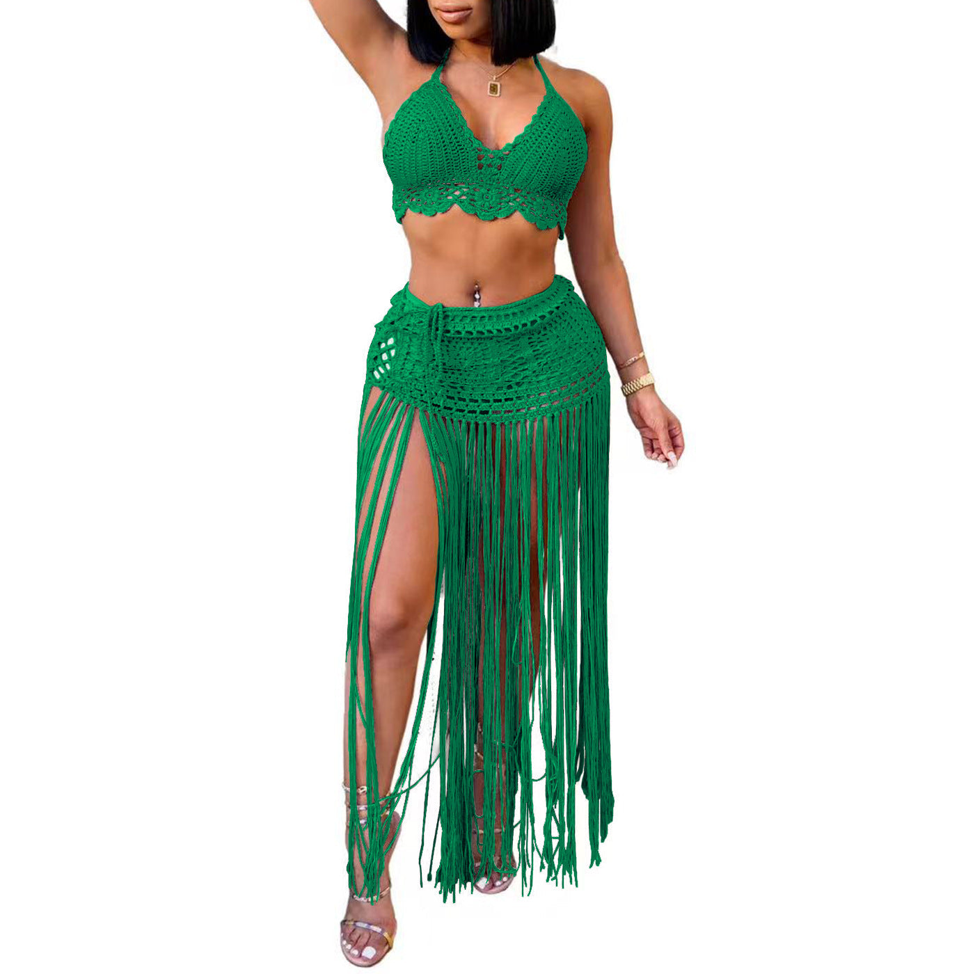 Women Suit Women Clothing Pure Hand Crocheting Beach Bikini Top Lengthened Tassel Skirt Two Piece Set Bella Mia
