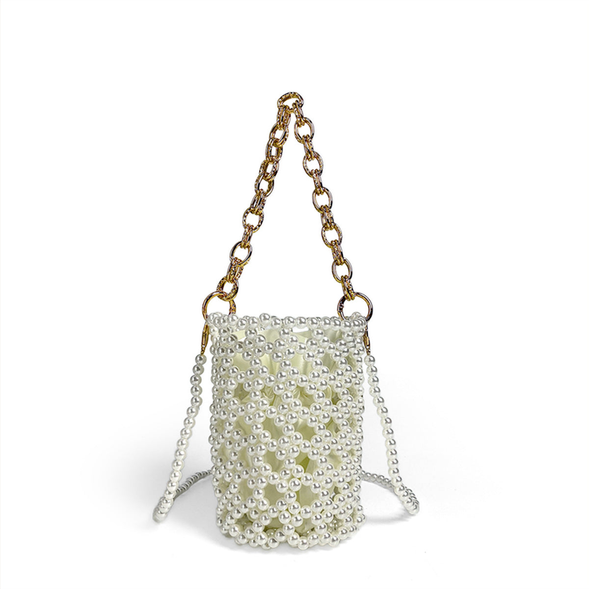 Chinese Beaded Hand Woven Pearl Cocktail Vegetable Basket Hollow Out Cutout Bucket Chain Underarm Messenger Bag Bella Mia