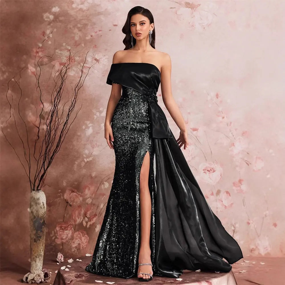 Elegant Sequin Stitching Fit Bandeau One Shoulder Cocktail Party Dinner Dress Bridesmaid Dress Women Bella Mia