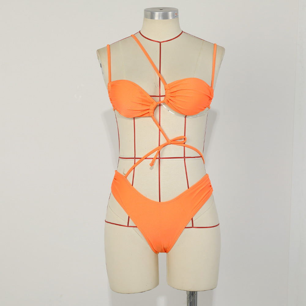 Solid Color Lace up Bikini Sexy Popular Asymmetric Nylon Split Swimsuit for Women Bella Mia