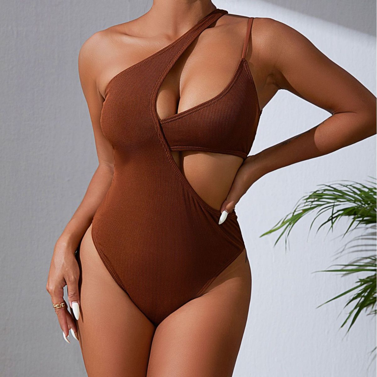 Wave Swimsuit Solid Color Rib Fabric Sexy Hollow Out Cutout out Swimsuit Bikini Bella Mia