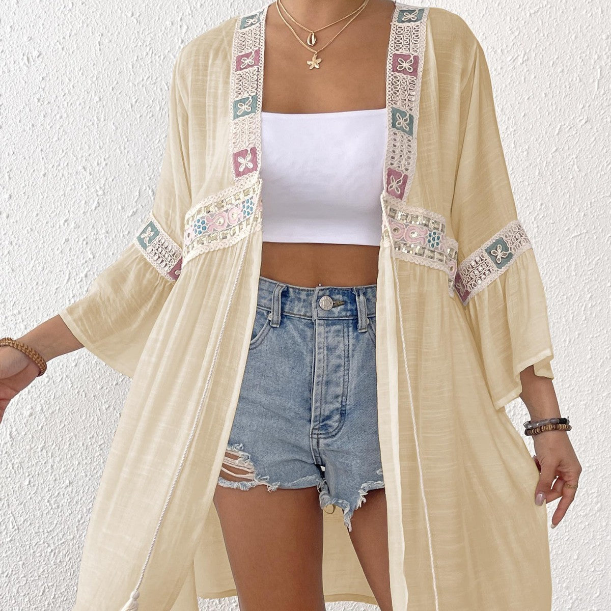 Women Cardigan Bow Women Clothing Sequined Embroidered Lace Stitching Beach Beach Cover Up Bella Mia