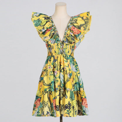Brand Design Dress Flying Sleeves Printed Ruffled Aline Short Dress for Women