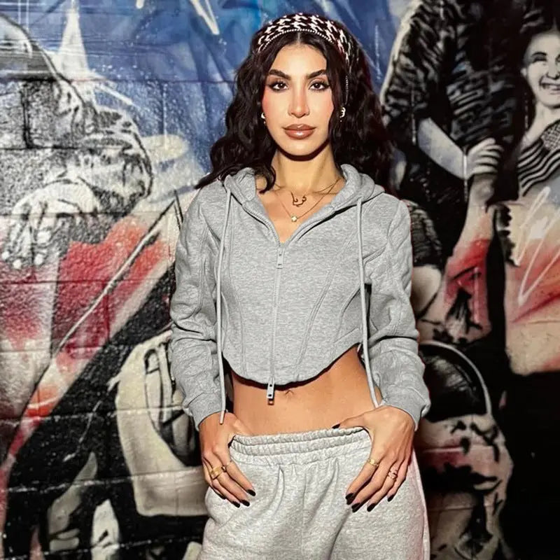 Women Clothing Fall Solid Color Short Zipper Cardigan Hoodie Coat Bella Mia